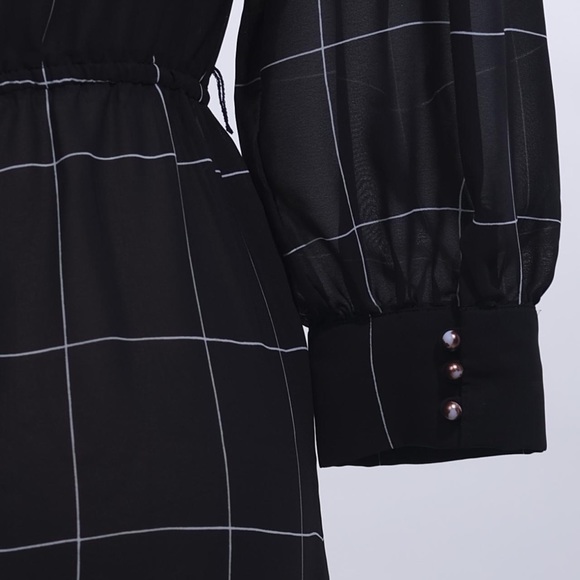 80s B&W Windowpane Print Chiffon Dress - Picture 4 of 5